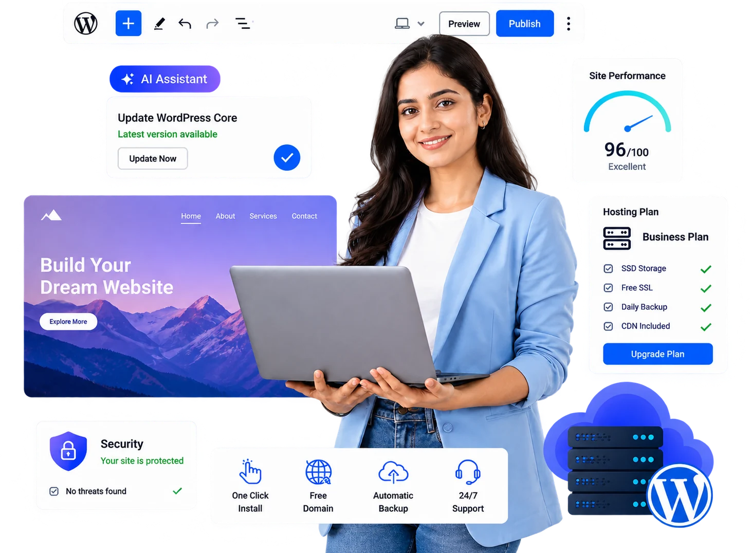 Managed WordPress hosting dashboard, security and performance preview